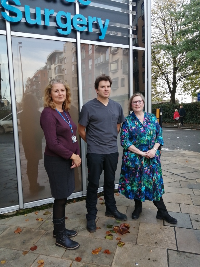 Dr Fraser Malloch, Dr Debbie Chase and Cllr Lorna Fielker outside St Mary's Surgery in Southampton